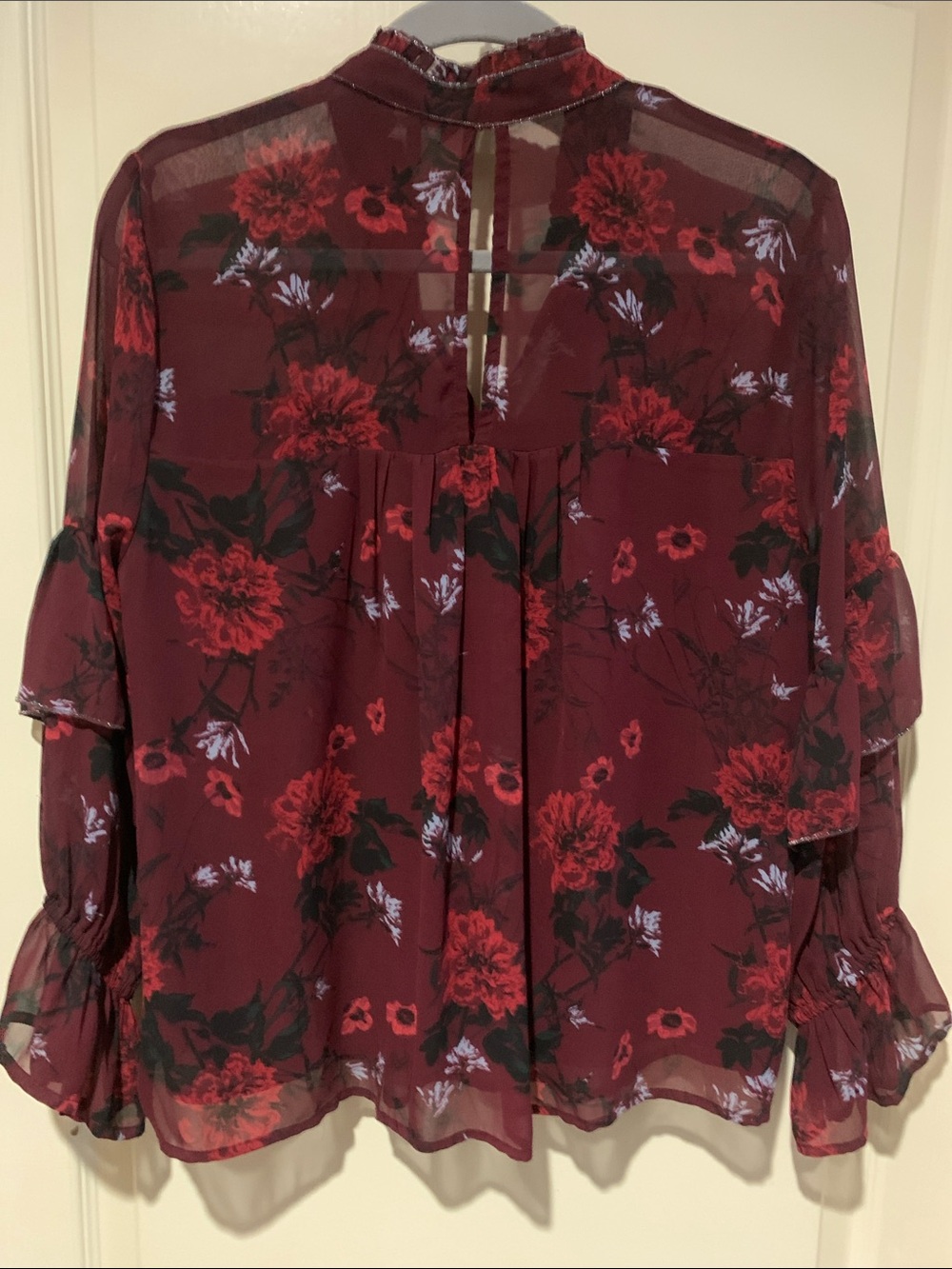 Lucky Brand Burgundy Floral Ruffle Tie-Neck Blouse - Picture 5 of 7